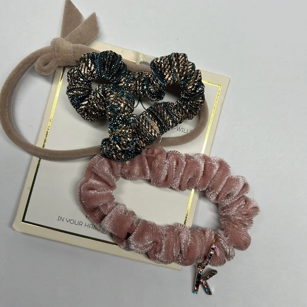 Nordstrom Preppy Chic Velvet Metallic Scrunchies Initial Charm A C D E J K R S T